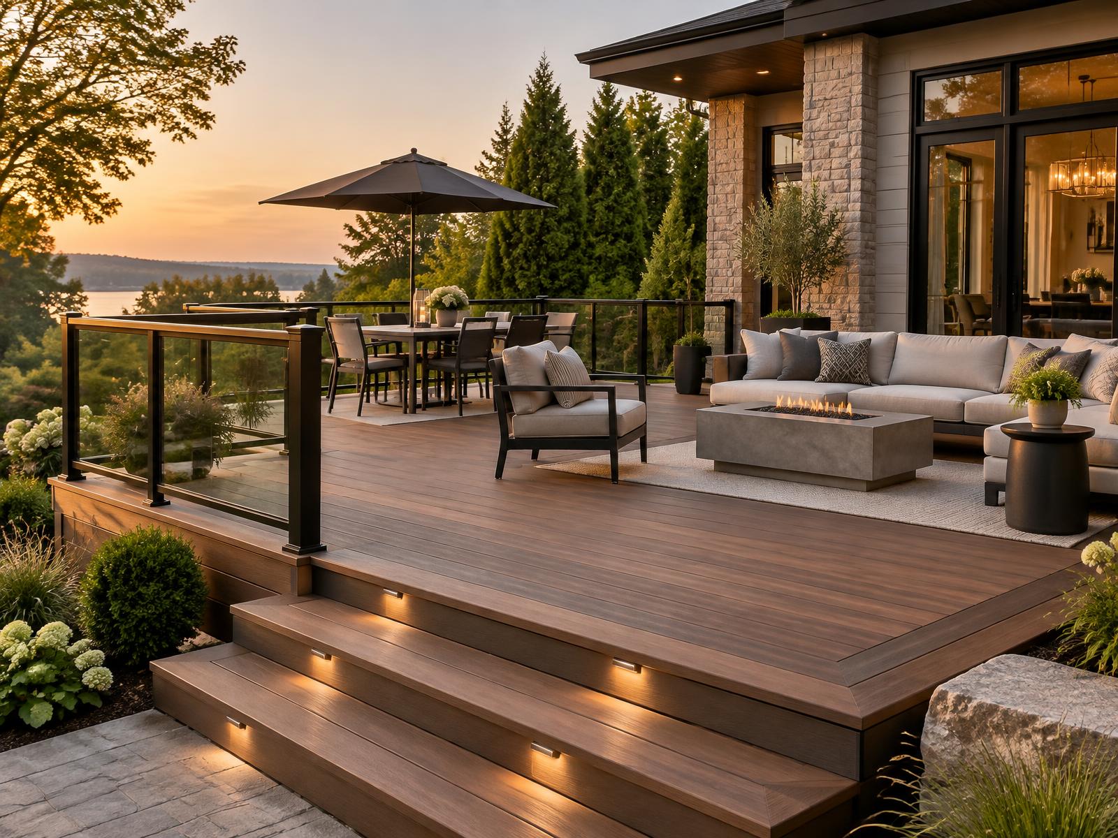 New composite deck with black aluminum railing overlooking a manicured yard