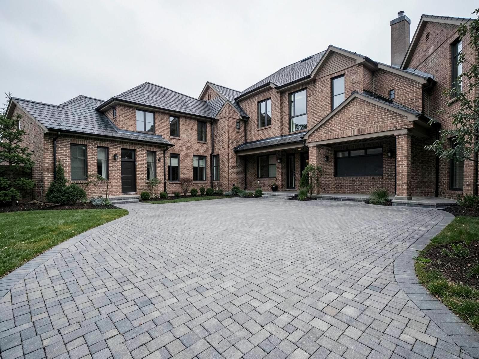 Wide interlock paver driveway in front of a large brick home