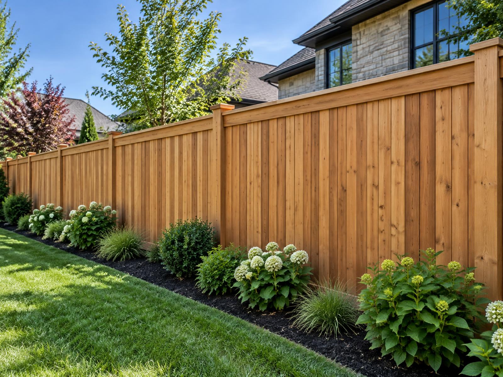 New horizontal cedar privacy fence along a tidy backyard property line
