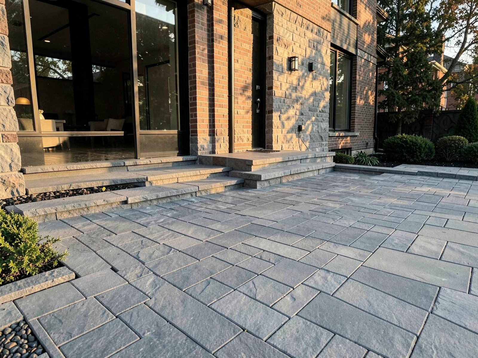 Interlocking stone paver landing and steps at a premium home entrance