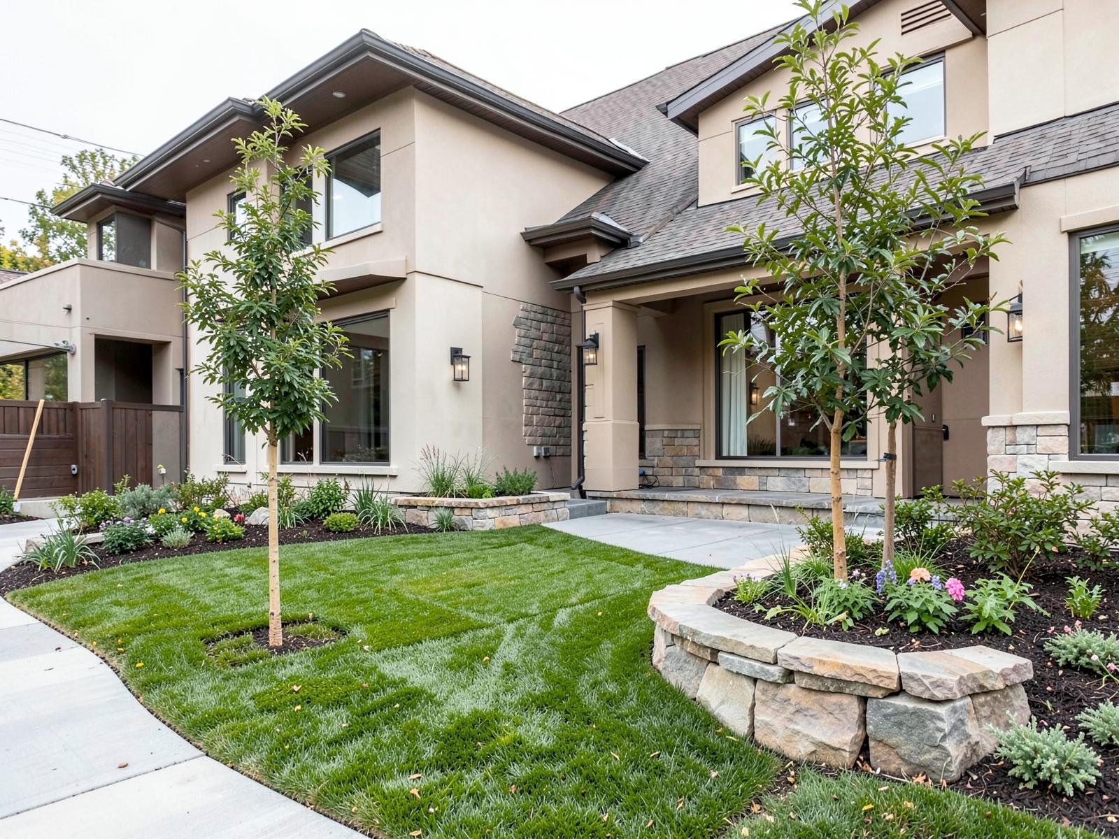 Freshly installed front yard landscaping at a newly built home