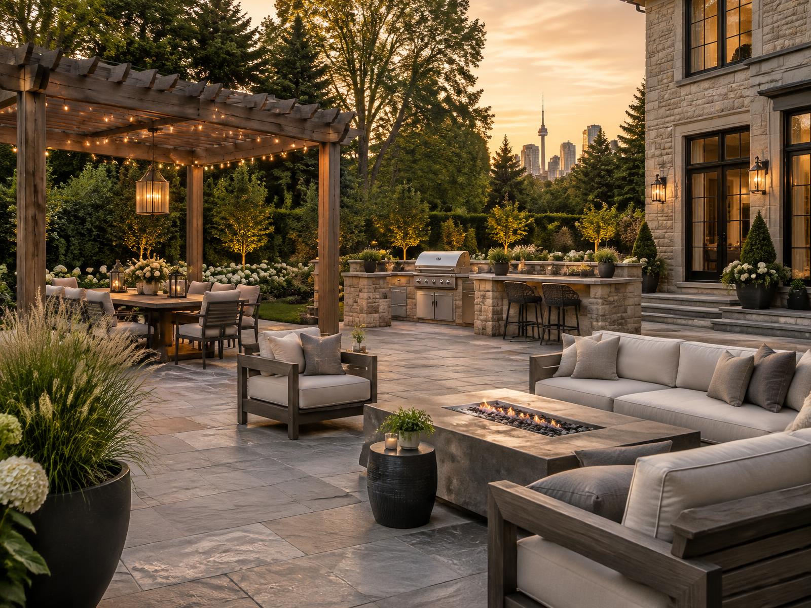 Natural stone patio with lounge seating in a landscaped backyard