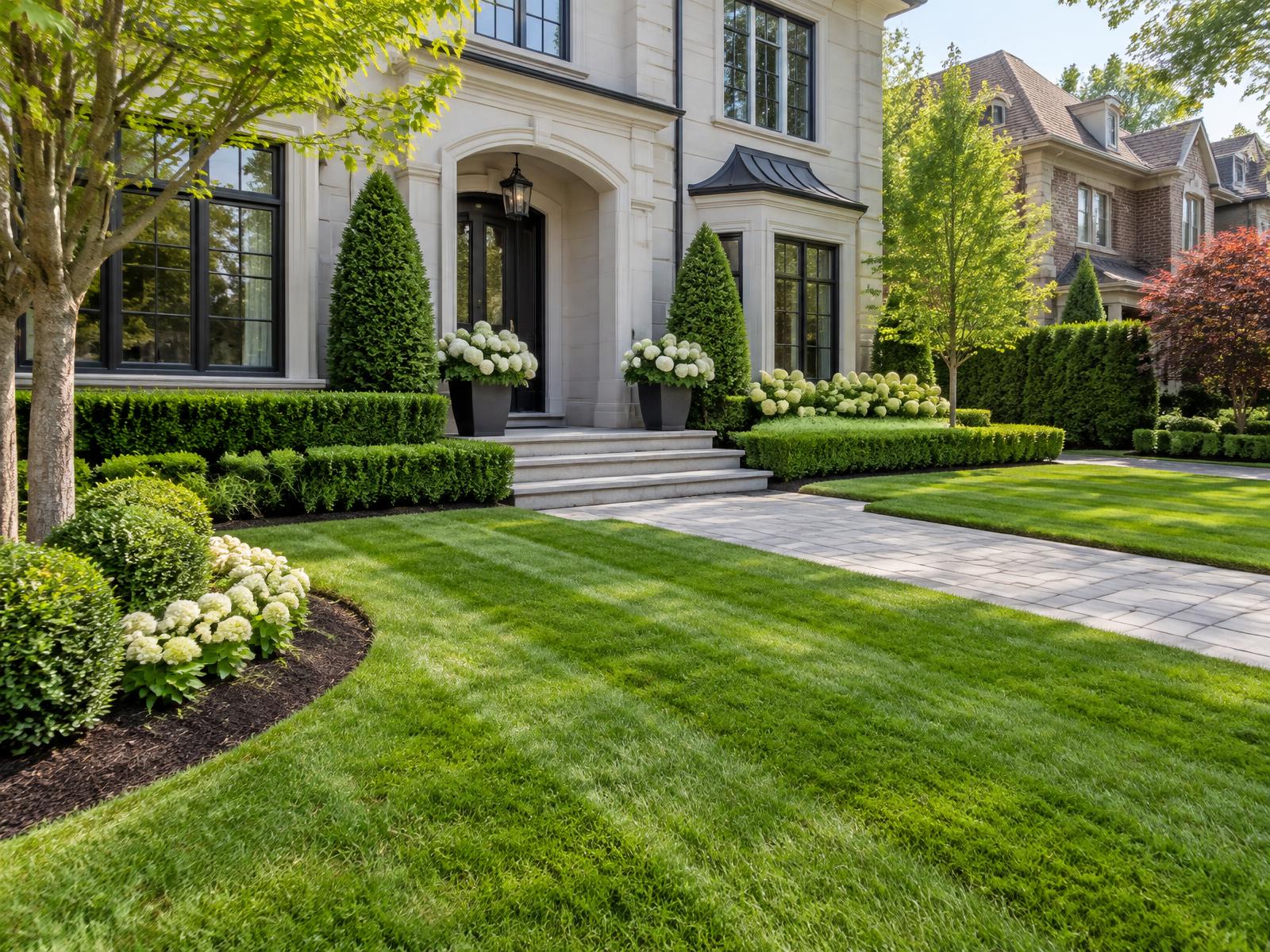 Refreshed garden bed with crisp edges, new mulch and pruned shrubs