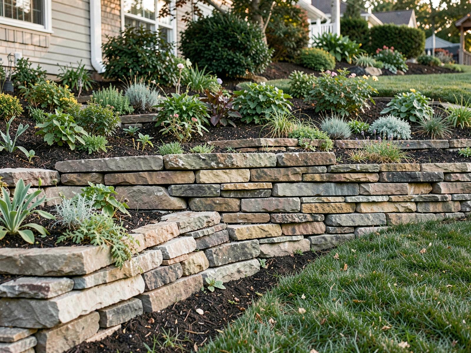 Stacked natural stone retaining wall terracing a planted garden slope