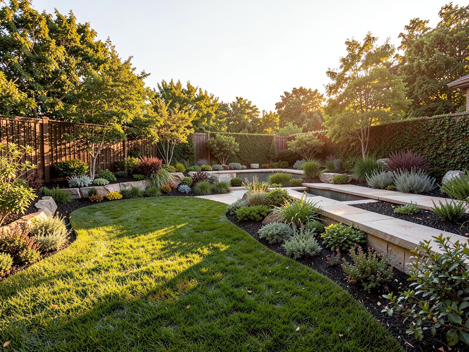 Fully redesigned backyard landscape with layered plantings and stone terrace