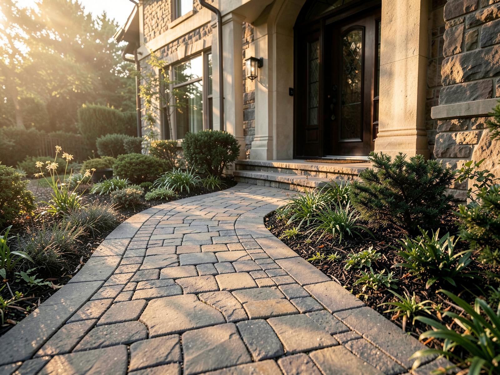 Curved paver walkway leading to the front entrance of an upscale home